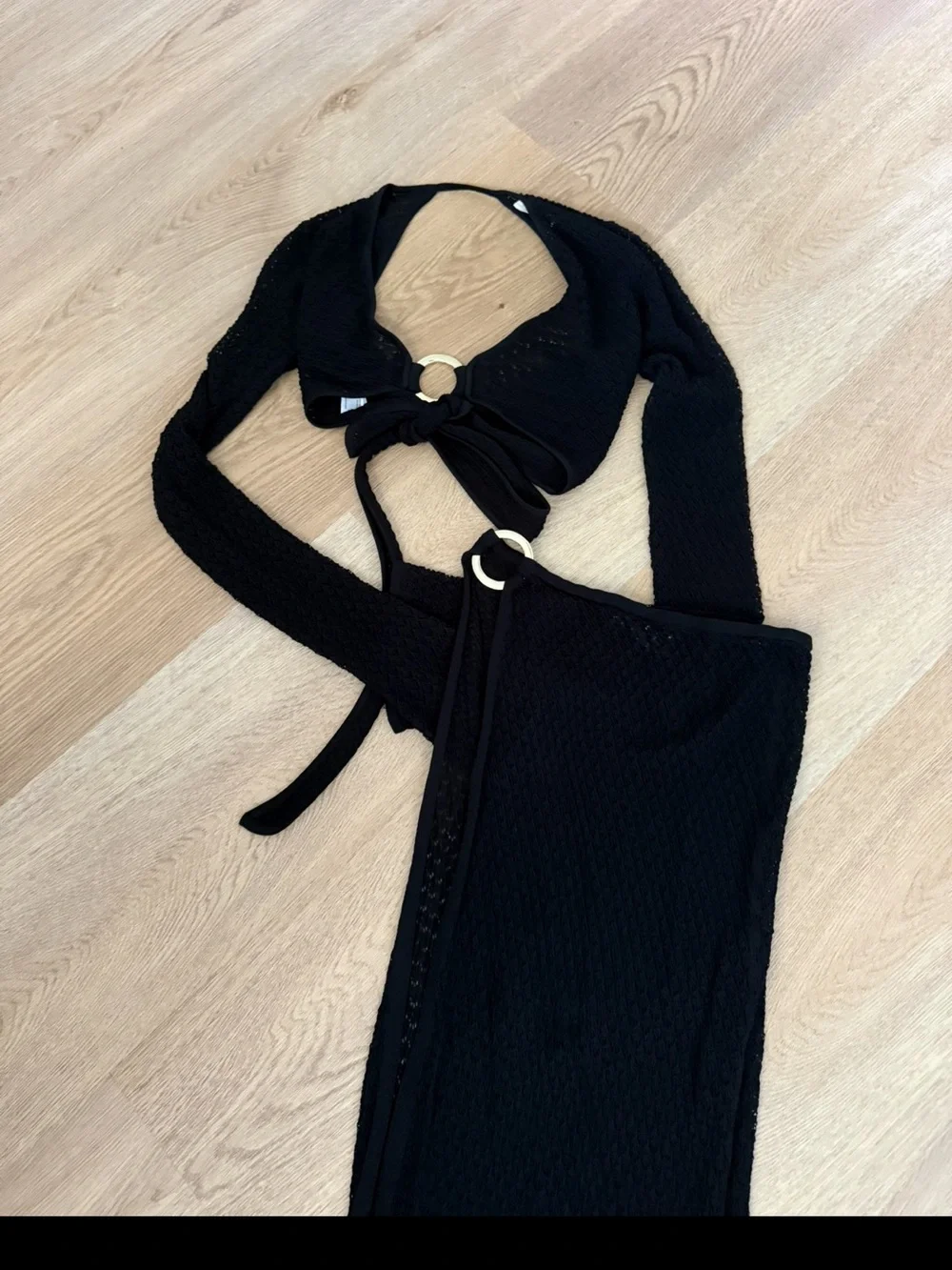 Monday swimwear Black Long Sleeve Crochet Swim Cover-Up Set with Ring Accents